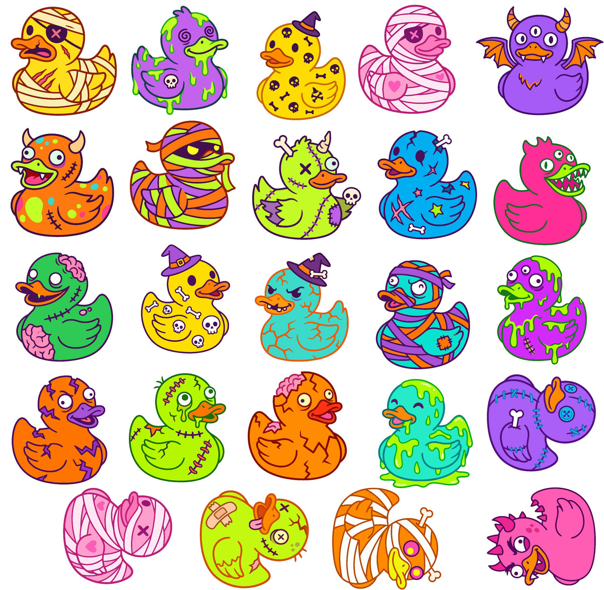 Zombie rubber duck sticker pack with vibrant colors.