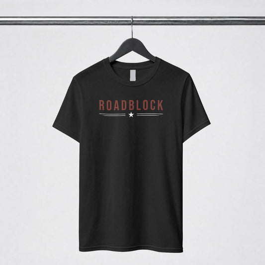 Black shirt with Roadblock as the graphic title across the chest with a single star.