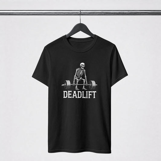 A black short-sleeve t-shirt hanging on a black hanger from a metal rack, featuring a white graphic of a skeleton lifting a barbell with the word 'DEADLIFT' printed below.