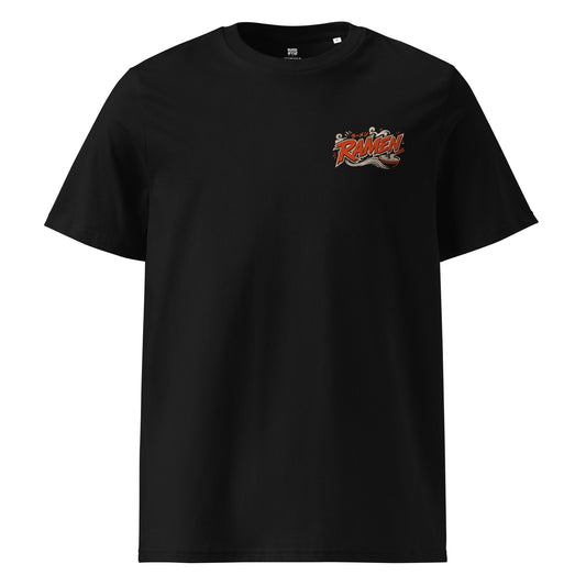 Ramen Girl design on black organic t-shirt — front view