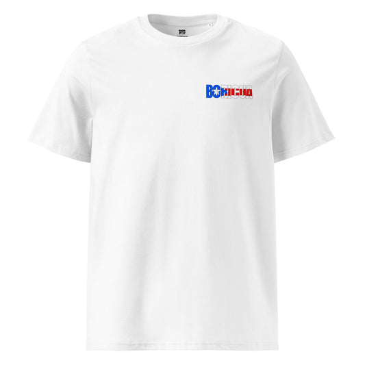 Boricua Co-Qui design on white organic t-shirt — front view