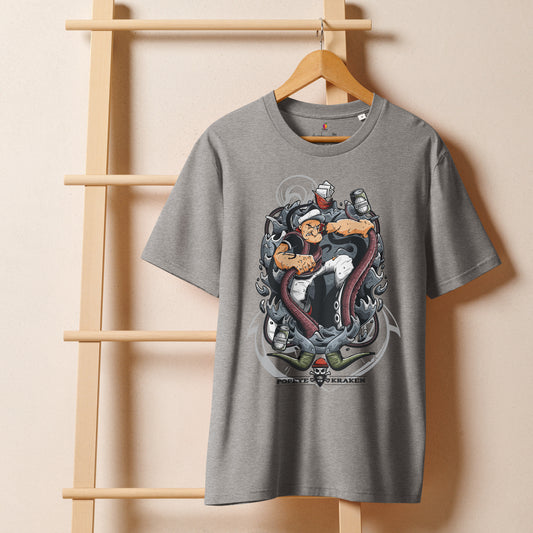Graphic Popeye vs Kraken unisex loose fit t-shirt on black SATU001 – organic cotton streetwear

