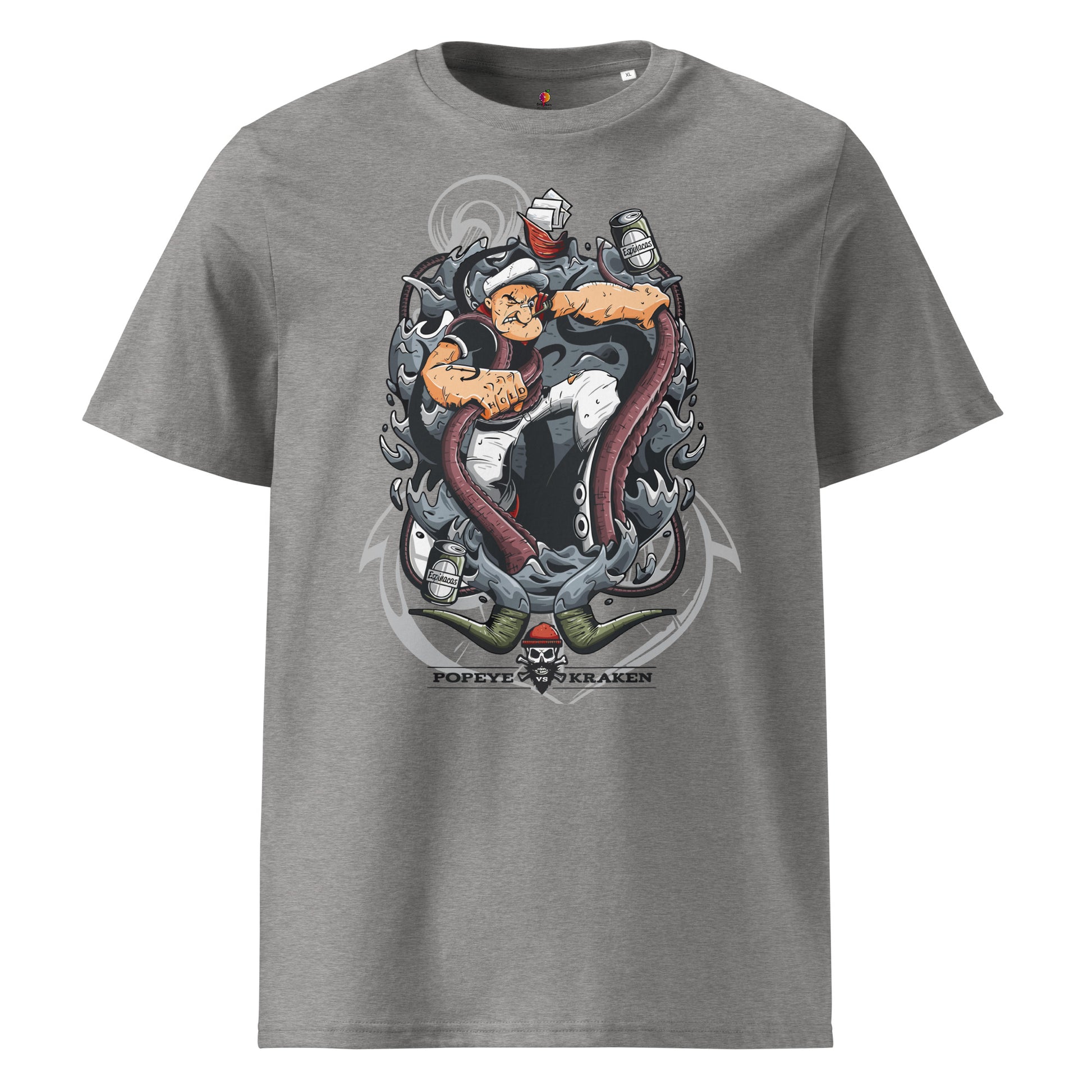 Graphic Popeye vs Kraken unisex loose fit t-shirt on black SATU001 – organic cotton streetwear