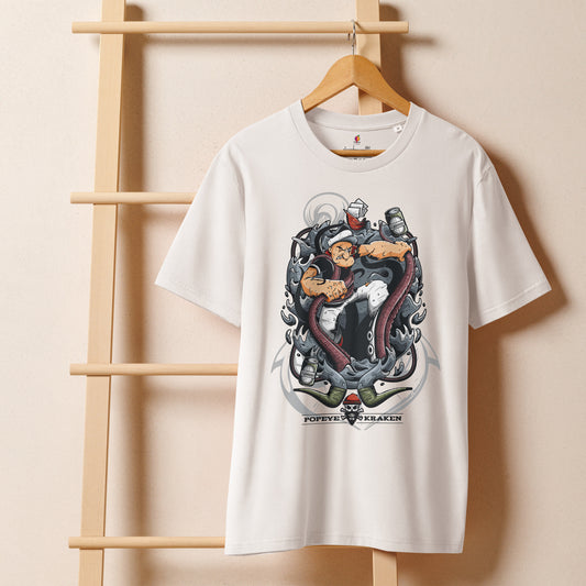 Graphic Popeye vs Kraken unisex loose fit t-shirt on black SATU001 – organic cotton streetwear

