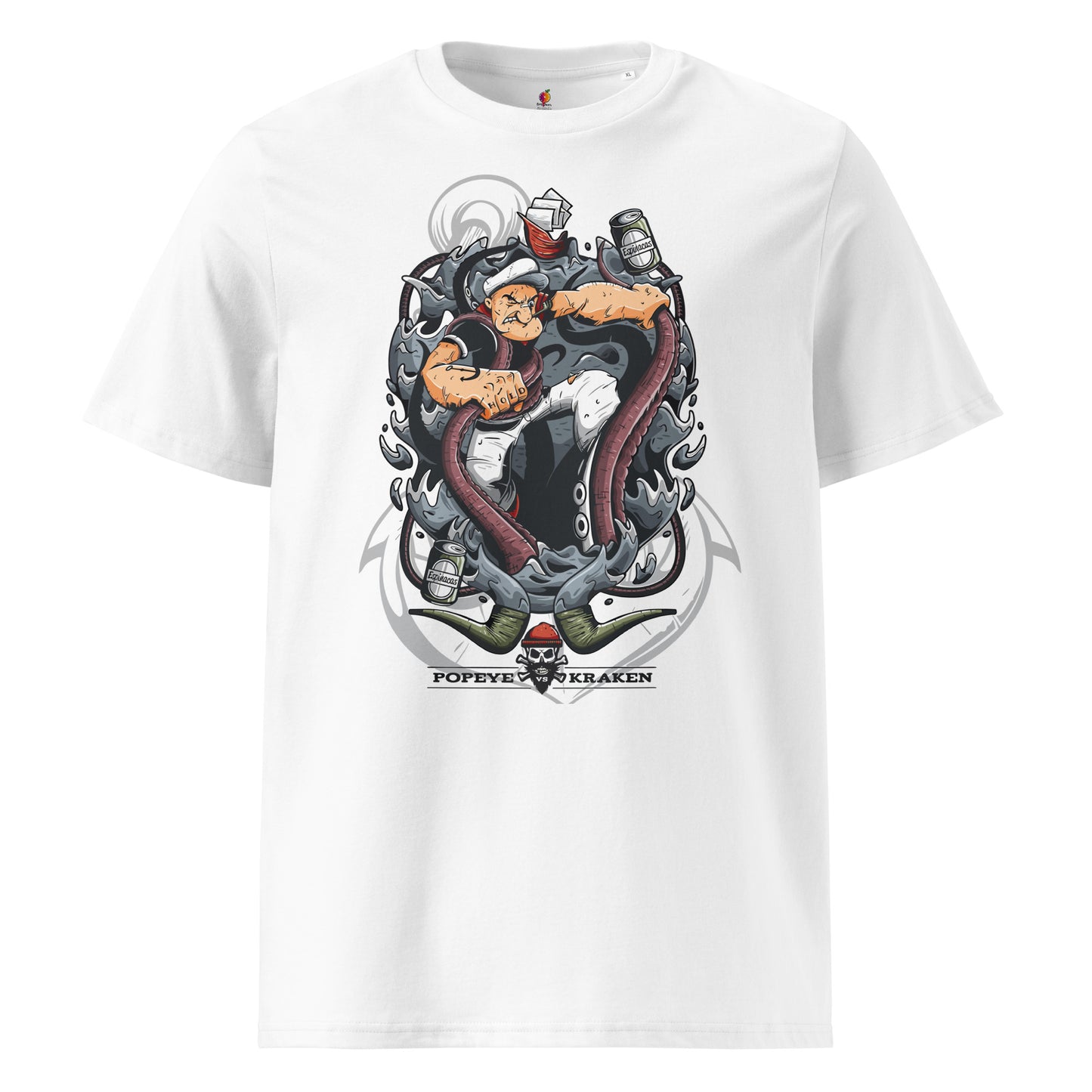 Graphic Popeye vs Kraken unisex loose fit t-shirt on black SATU001 – organic cotton streetwear

