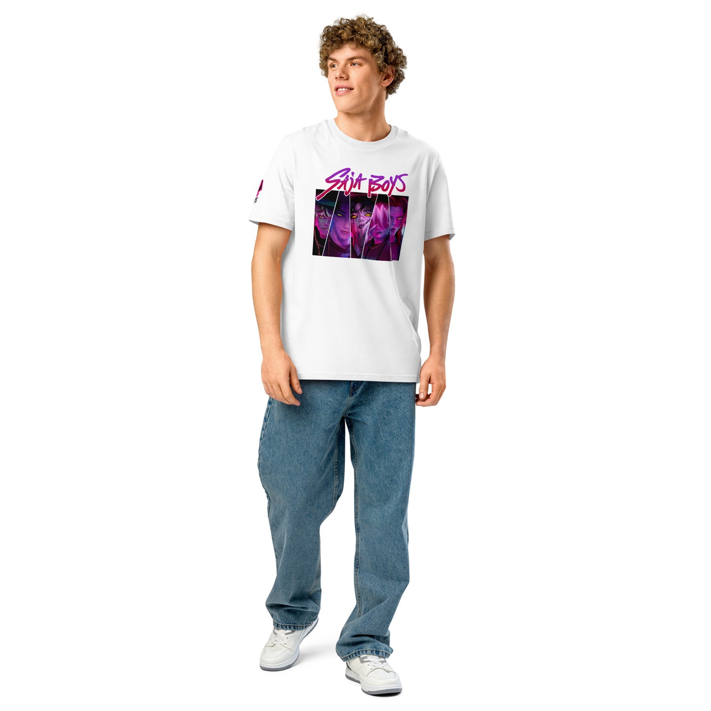 Person wearing a white t-shirt with graphic design and text, standing against a white background